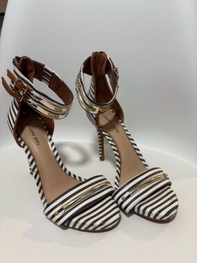 Gianni Bini Black and White Striped Ankle-Strap Heels with Gold Accent
